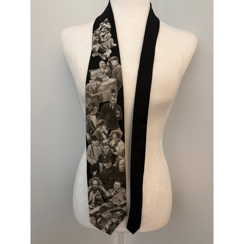 Vintage 1994 Ralph Marlin Three Stooges Antics Black White Novelty Silk Tie USA